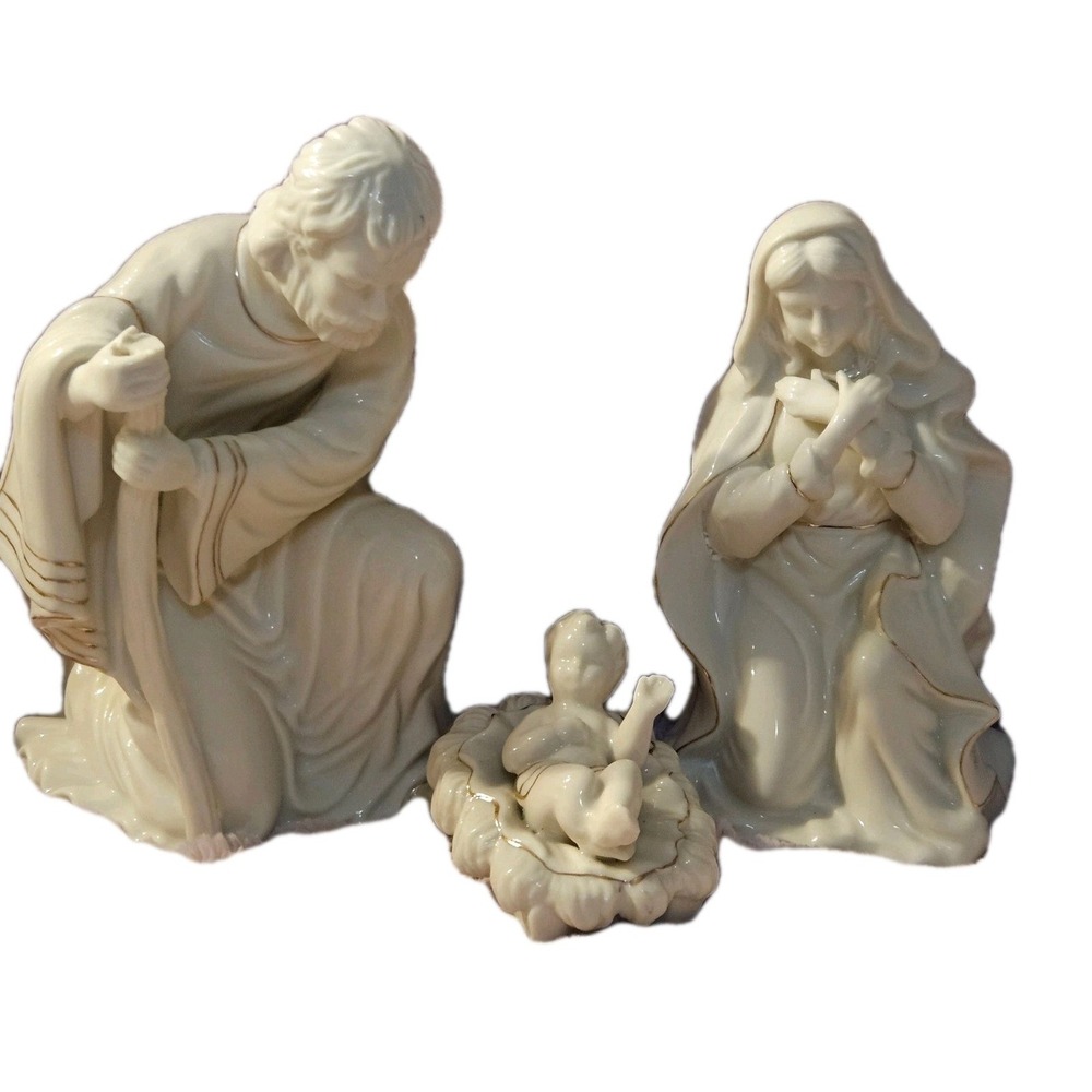 VTG Nativity Set Holy Family Joseph Mary Baby Jesus Porcelain Ivory Gold Accent